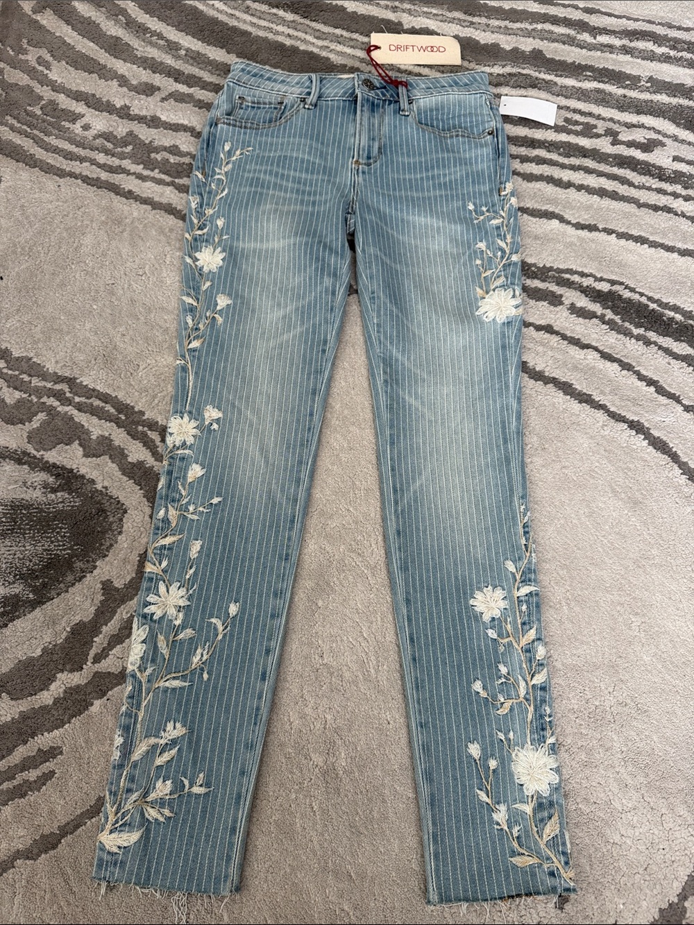 DRIFTWOOD Light Blue Pinstripe Jeans with Floral Embroidery